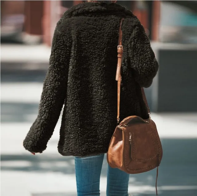 Lapel Long Sleeve Fluffy Furry Faux Fur Jackets Woman Overcoat Black - Shop at LoveMi