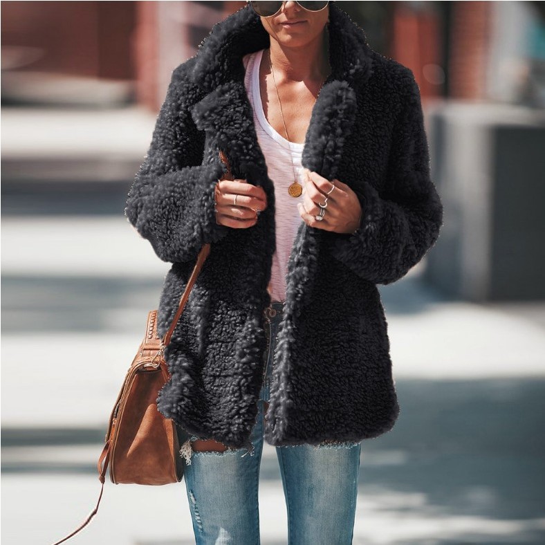 Lapel Long Sleeve Fluffy Furry Faux Fur Jackets Woman Overcoat Grey - Shop at LoveMi