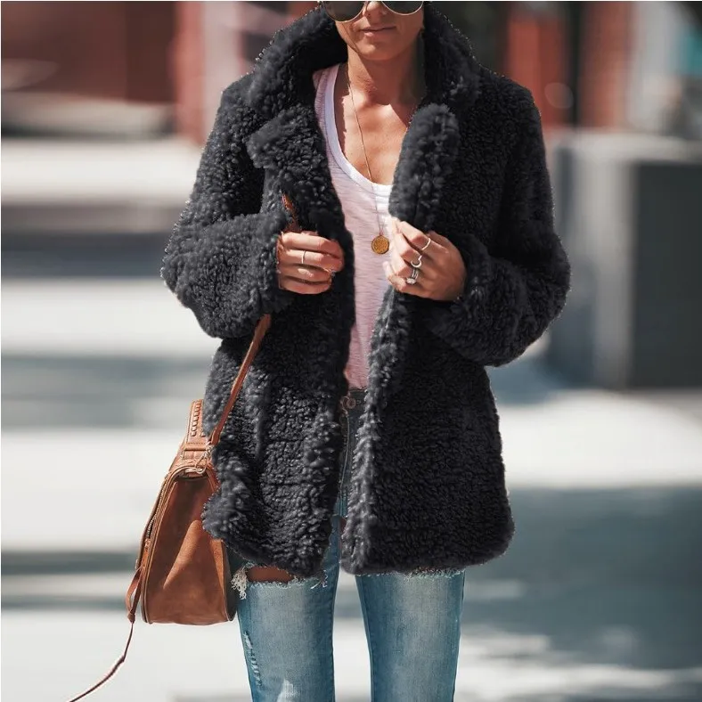 Lapel Long Sleeve Fluffy Furry Faux Fur Jackets Woman Overcoat - Grey