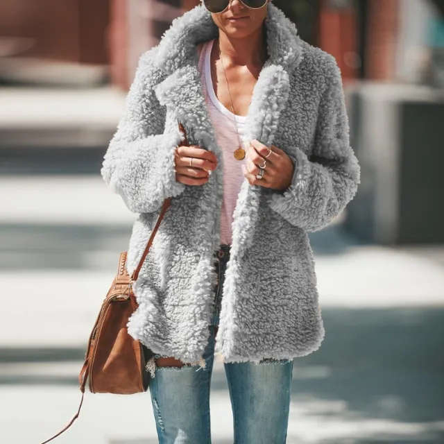 Lapel Long Sleeve Fluffy Furry Faux Fur Jackets Woman Overcoat Light Grey - Shop at LoveMi