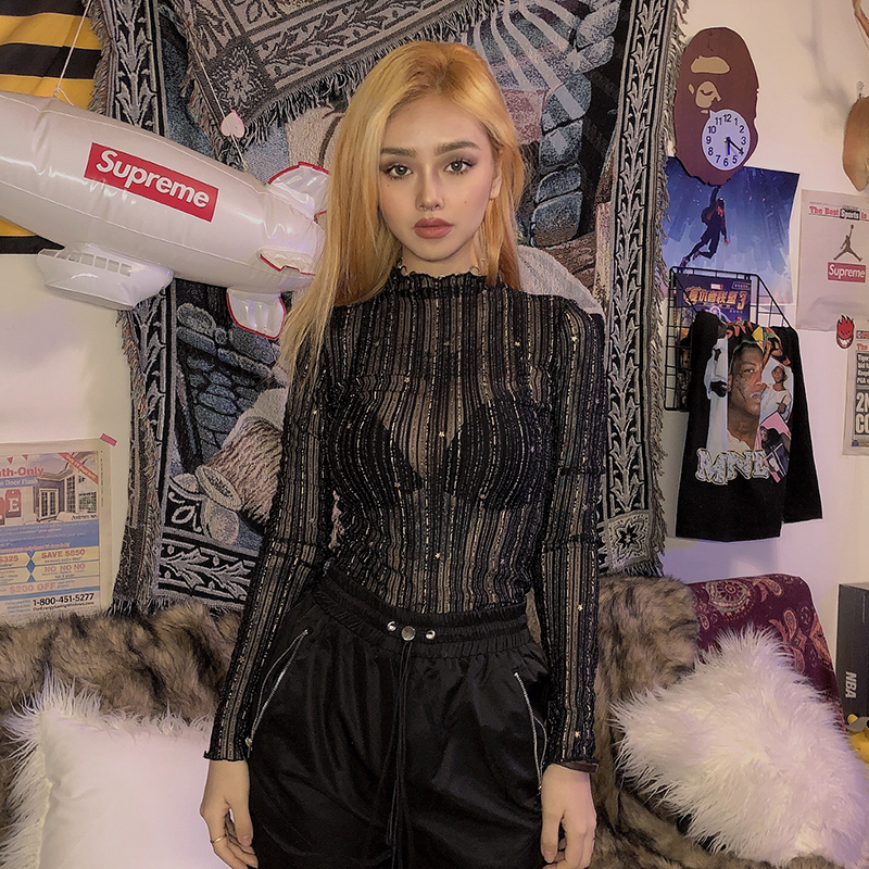 Black sexy net yarn t - shirt design feeling bright silk half