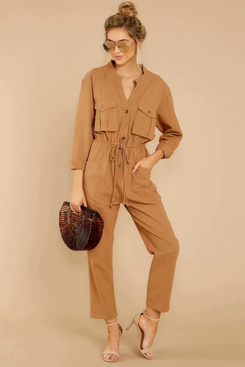 Two-color overalls long sleeve jumpsuit