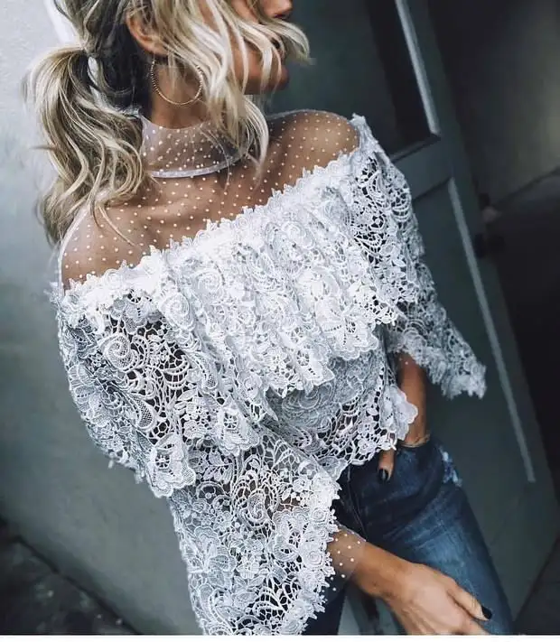 Mesh stitching lace irregular cutout top