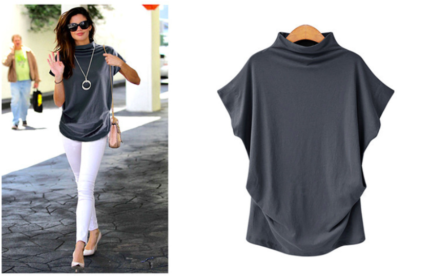 Cross border wish Amazon hot women's loose high neck bottoming shirt printed on cotton