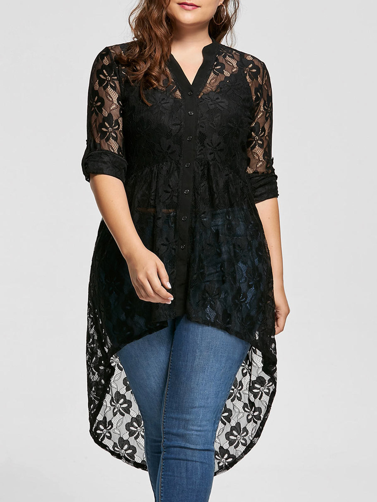 Long sleeve high low lace tunic shirts