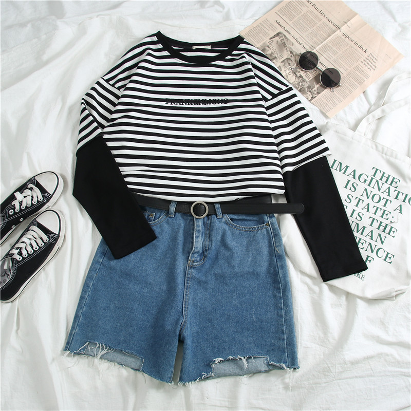 Patchwork stripe fake two-piece top