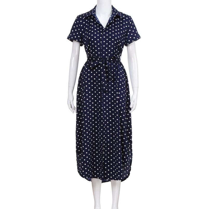 V Neck Dot Button Short Sleeve Long Dress
