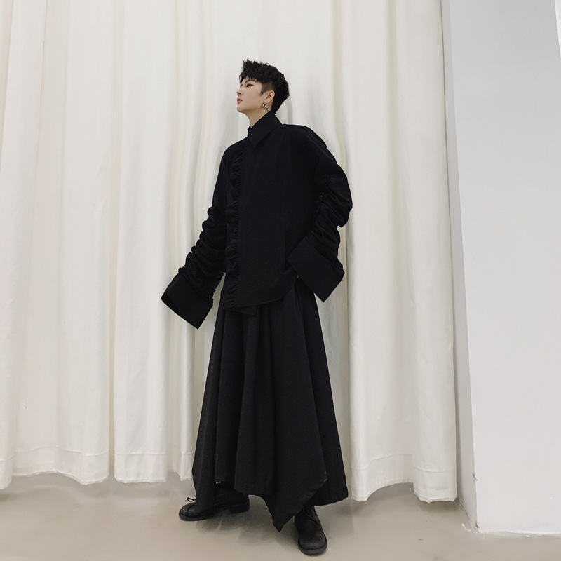 Asymmetrical lapel ruffled coat