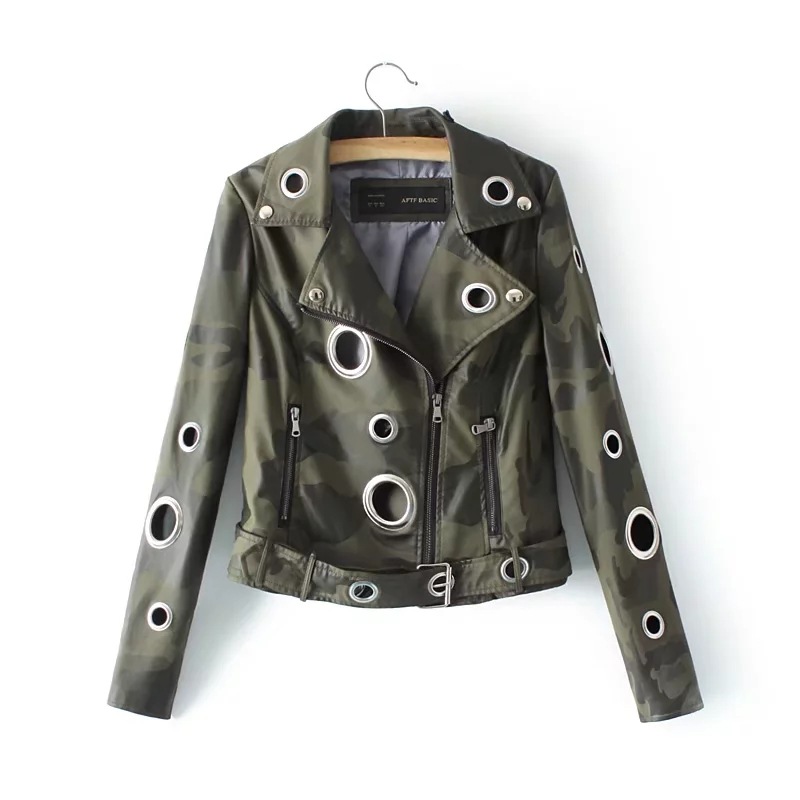 Hollow loop leather motorcycle biker jacket Army Green - Shop at LoveMi