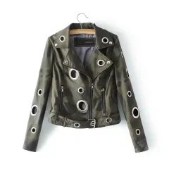 Hollow loop leather motorcycle biker jacket - Army Green - View 1