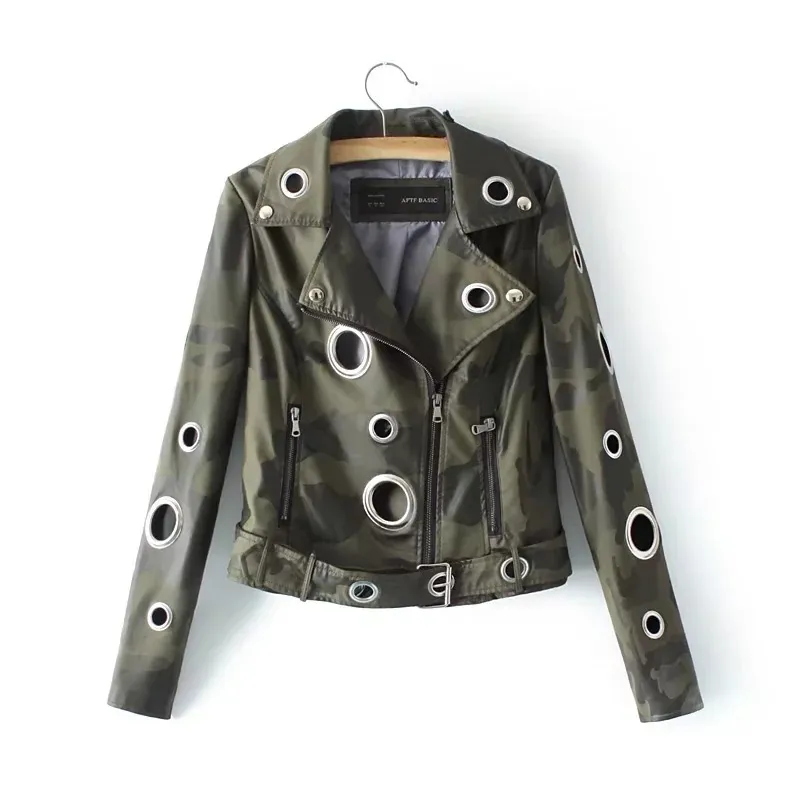 Hollow loop leather motorcycle biker jacket - Army Green