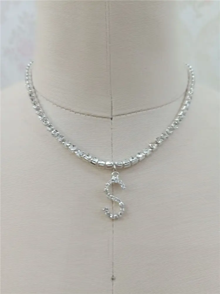 Custom silver tennis personalized name choker initial letter pendant necklace