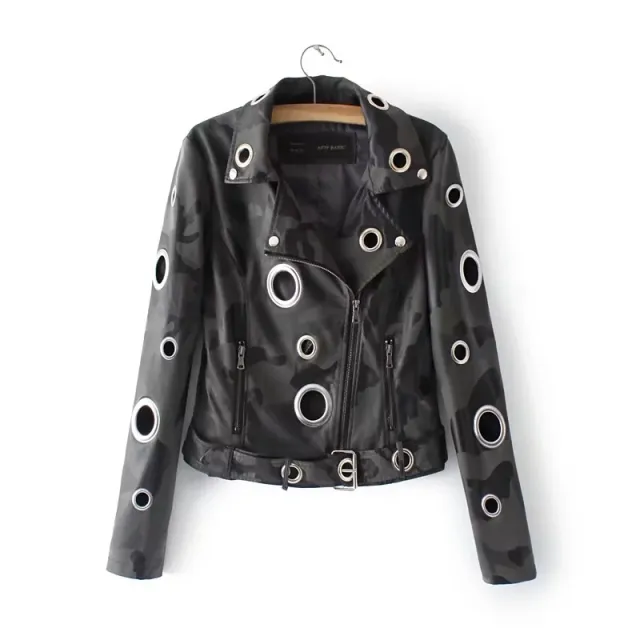 Hollow loop leather motorcycle biker jacket Grey - Shop at LoveMi