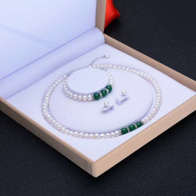 Agate Pearl Necklace Bracelet Ear Stud Set — foto 4