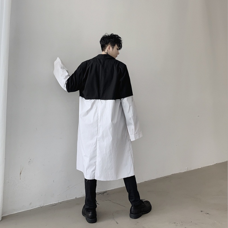 Black and white contrast color mid-length trench coat