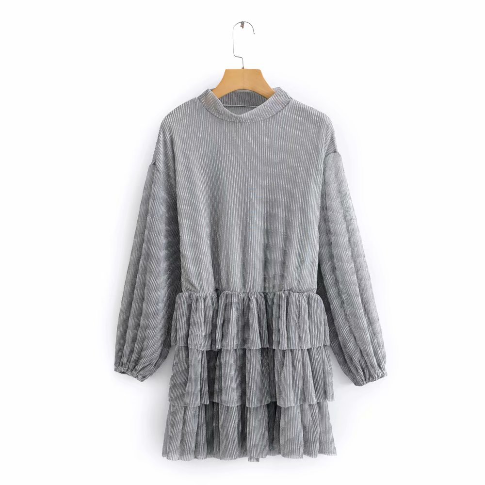 Long Sleeve Stacked Gold Silk Waist Dress