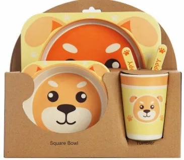 Children Tableware Set Five piece Natural Bamboo Fiber Bowl With Cup Spoon Plate Fork Baby Dishes Plate Gift Tableware Gold Dog - Shop at LoveMi