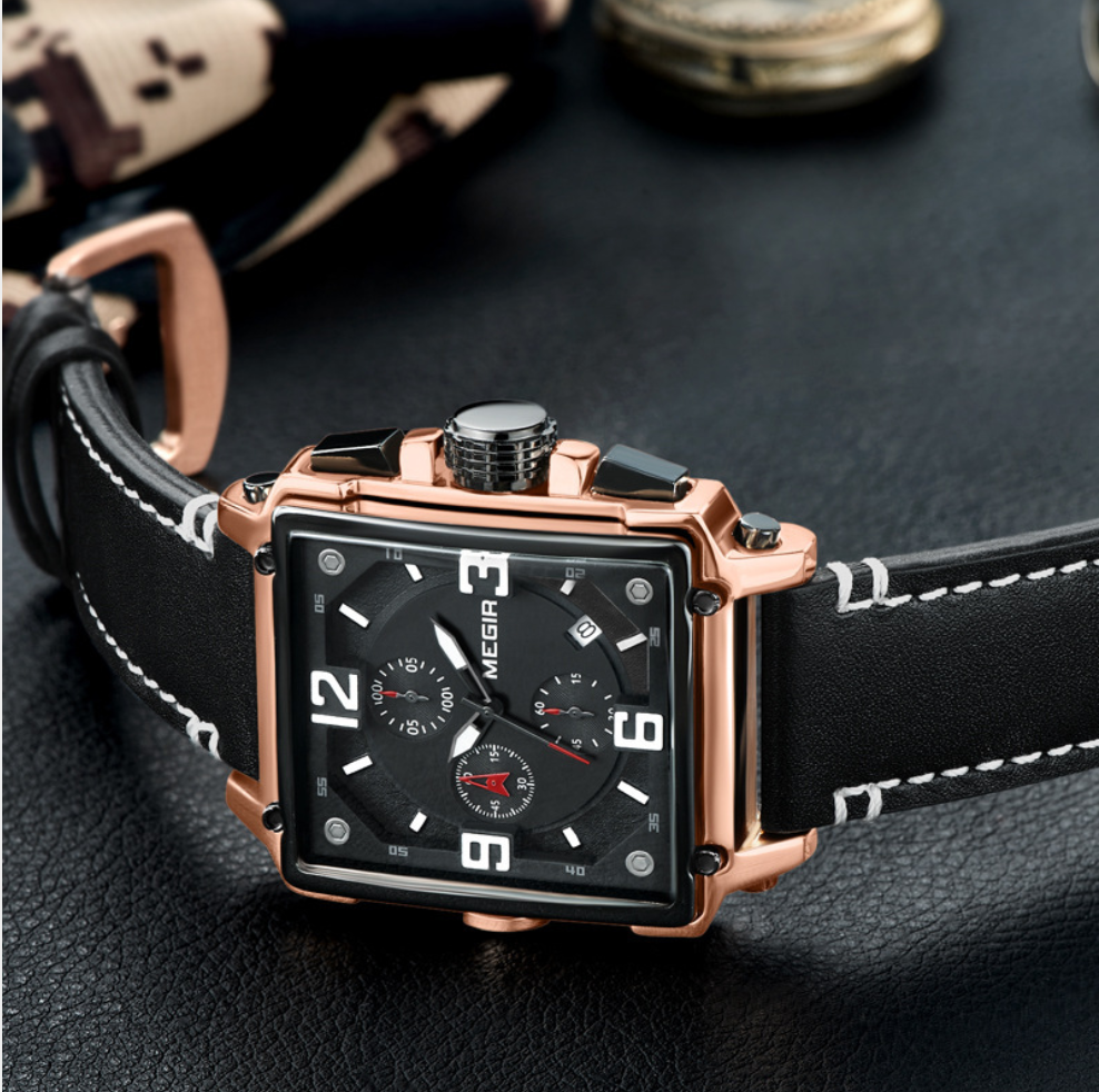 Vintage square leather men's watch