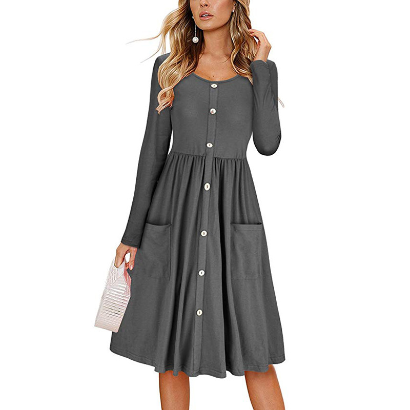 New Button Solid Color Casual Dress