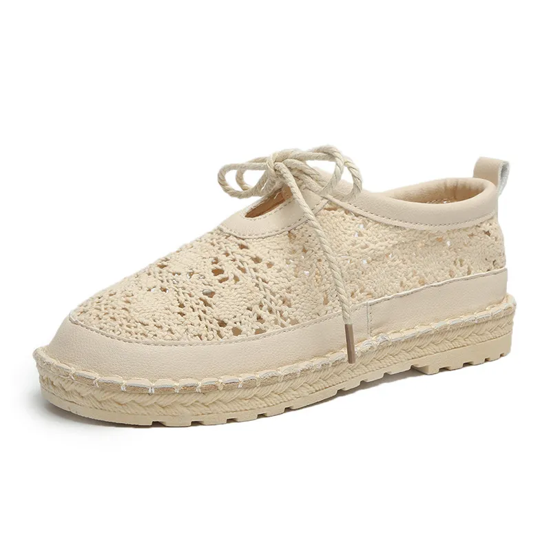 Hollow round toe flat shoes - Apricot