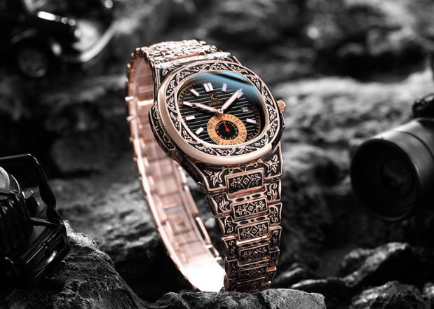 Rose Carved Steel Band Quartz Watch