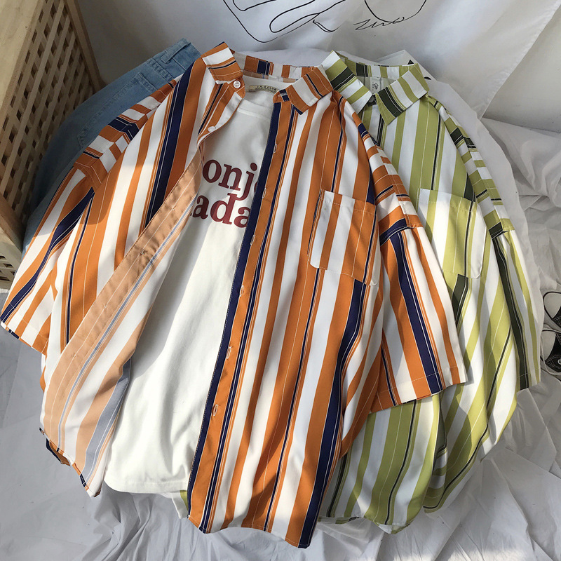 Men's Youth Loose Striped Sports Couple Casual Shirt