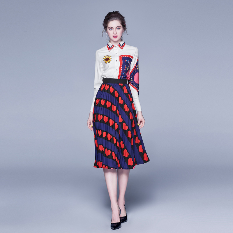 Long Sleeves Shirts+pleated Skirts 2 Pieces Set