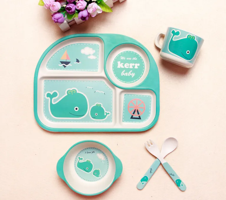 Baby Feeding Bowl Plate Dishes Fork Spoon Cup /Set - Whale Ocean