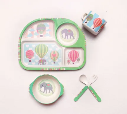 Baby Feeding Bowl Plate Dishes Fork Spoon Cup /Set - Green Ball Elephant