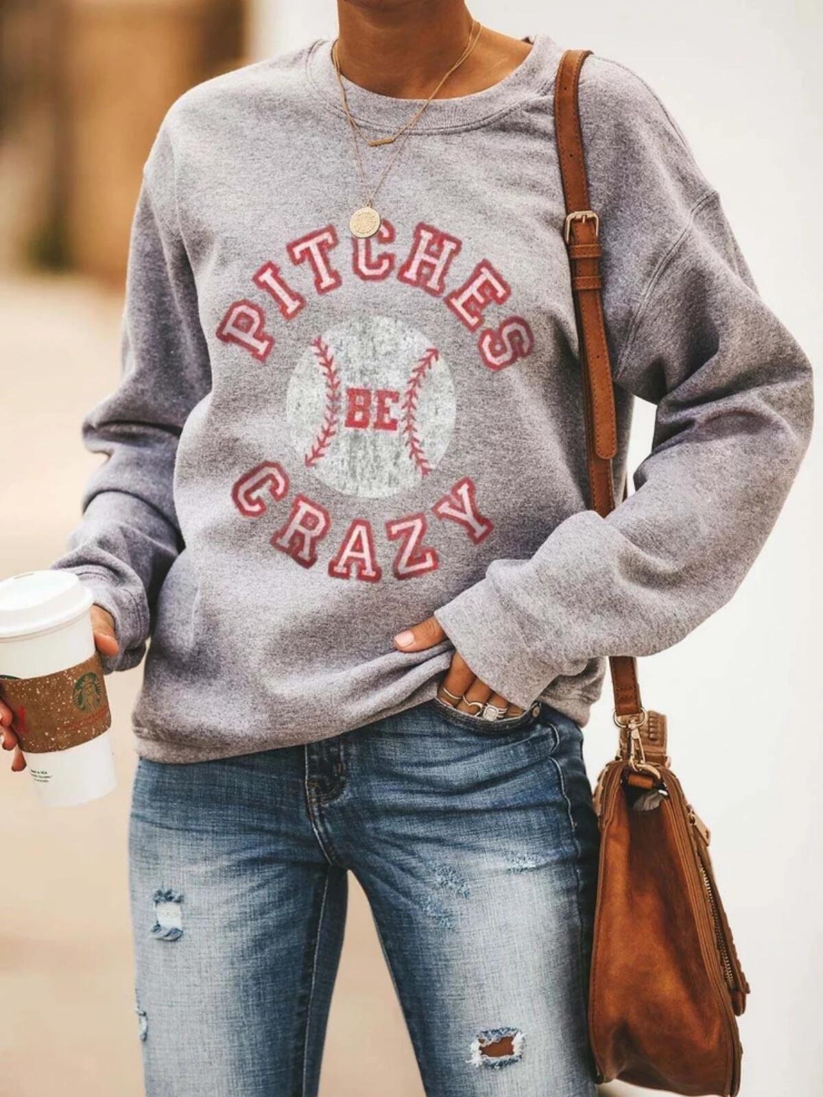 CRAZY Letter Print Loose Round Neck Long Sleeve