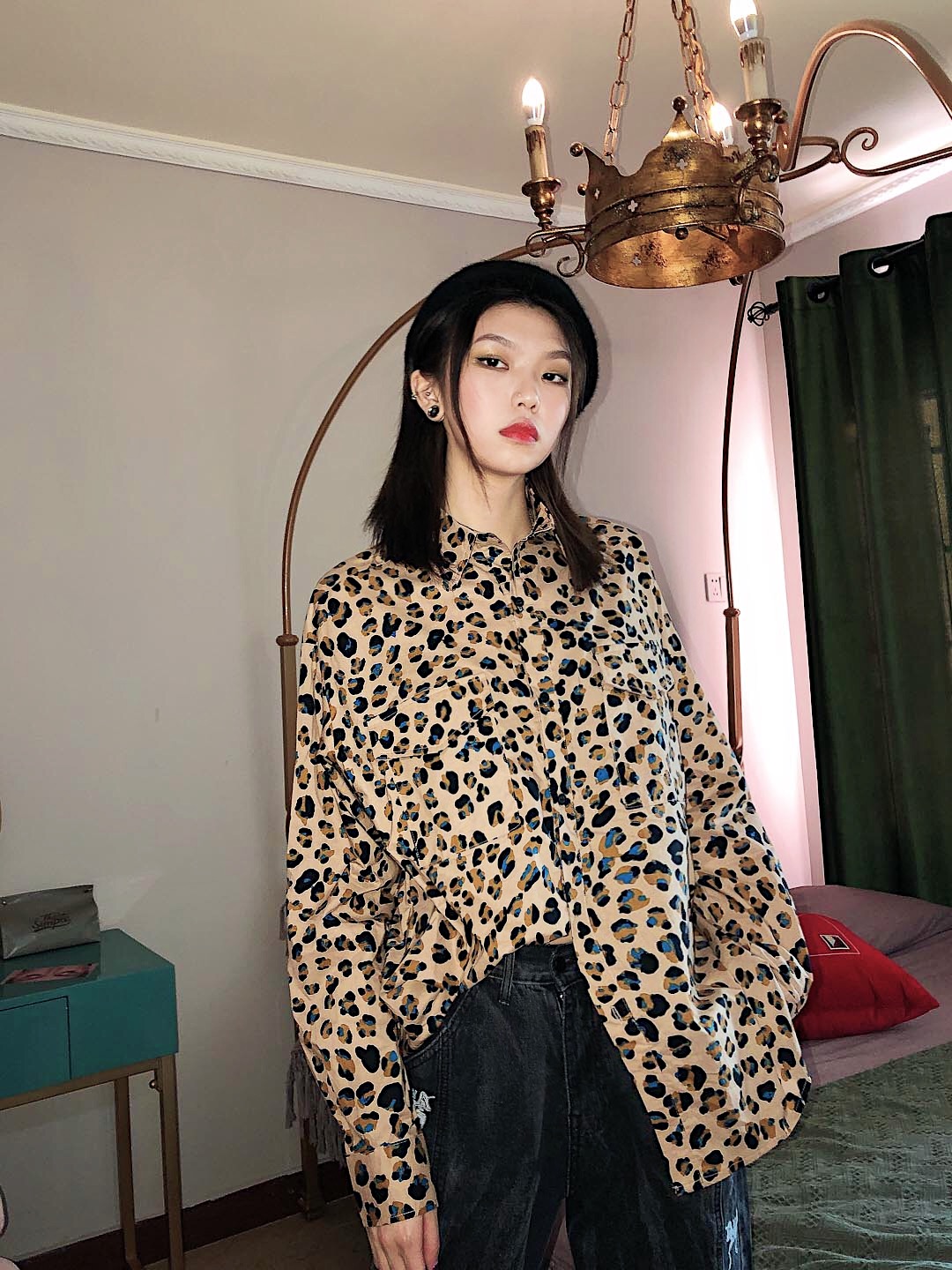 Printed leopard lapel shirt