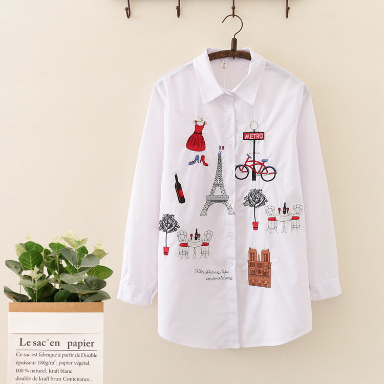 Top embroidered shirt solid color casual shirt