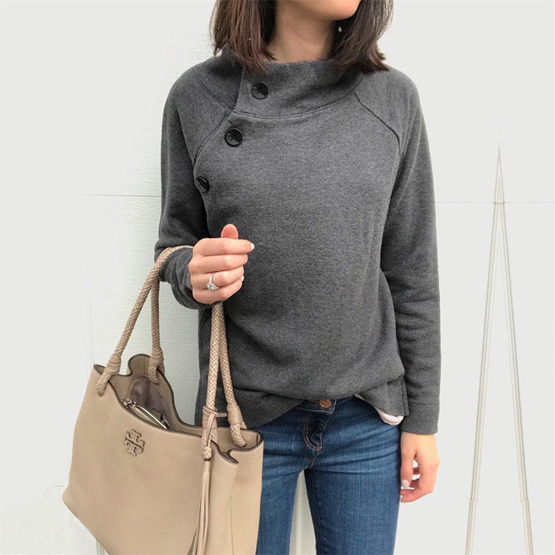 Round Neck Button Long Sleeve Blouse