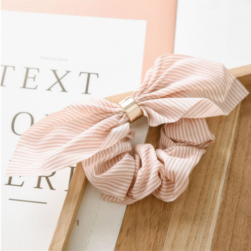 Chiffon Metal Buckle Striped Bowel Hair Ring Pink - Shop at LoveMi