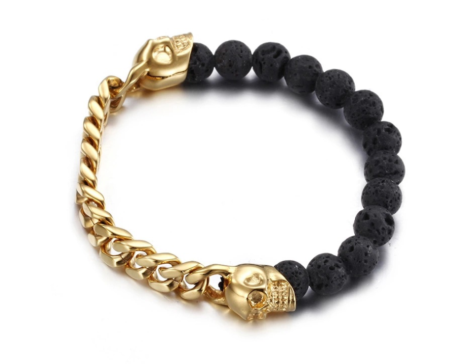 Yellow Gold Cuban & Lava Rock Skull Bracelet