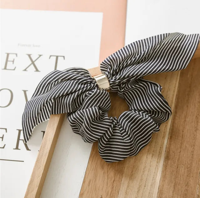 Chiffon Metal Buckle Striped Bowel Hair Ring Navy Blue - Shop at LoveMi