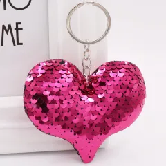 Cute Heart Keychain Glitter Pompom Sequins Key Ring - Rose Red - View 1