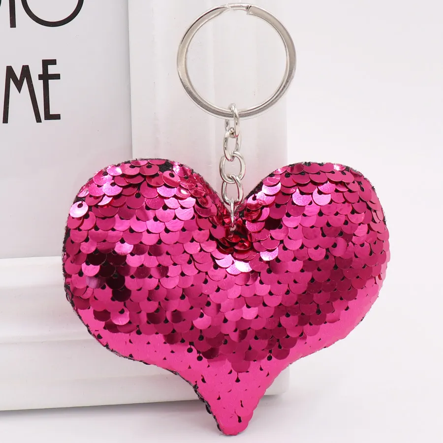 Cute Heart Keychain Glitter Pompom Sequins Key Ring - Rose Red