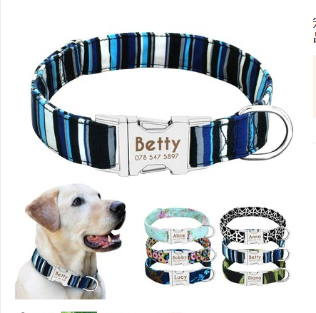 Cat Dog Collar Collar Lettering Anti lost Tag Small Large Dog Traction Rope Collar Bell Dog Tag Custom Blue Stripe - Shop at LoveMi