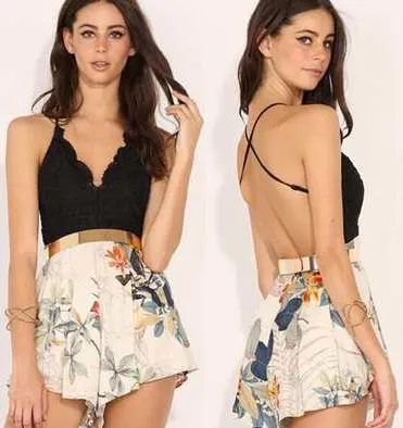 StopHer European and American lace print sexy v neck backless cross trouser skirt Black - Shop at LoveMi