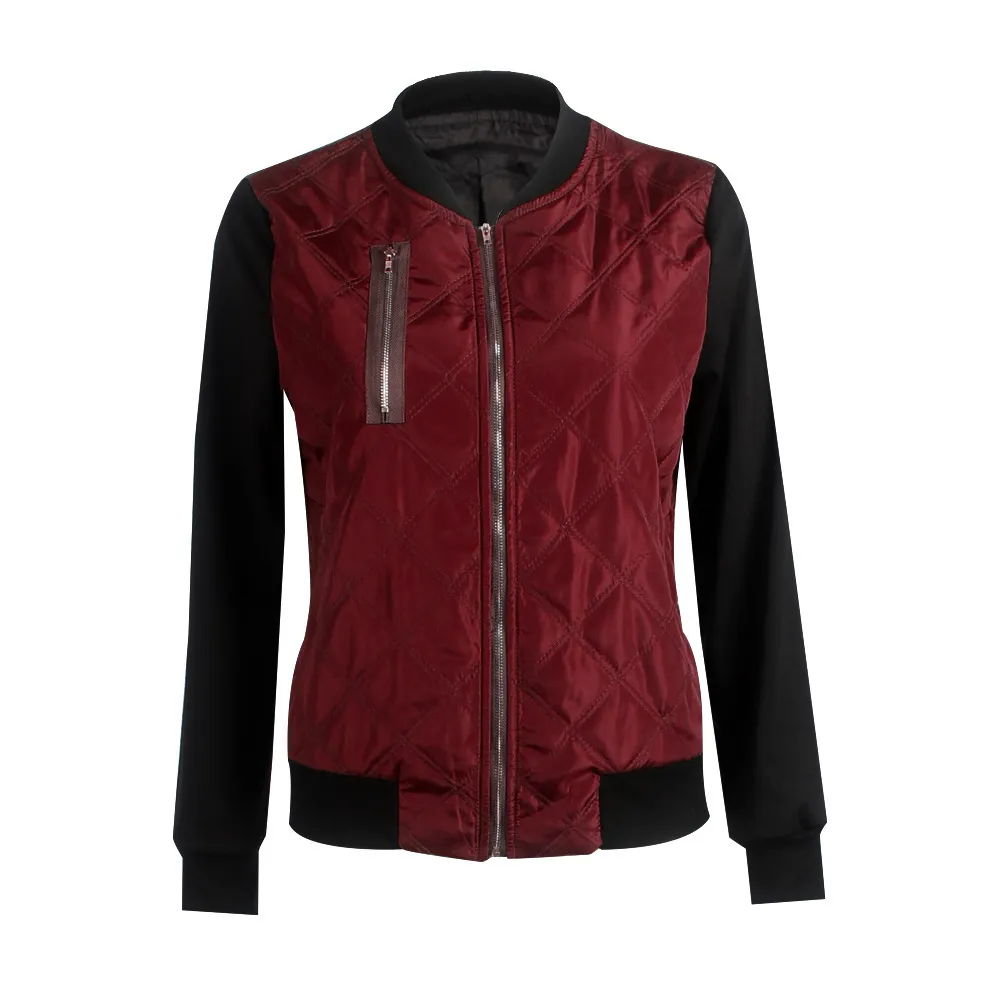 autumn and winter new solid color fashion zipped cotton jacket women jacket - Wine Red