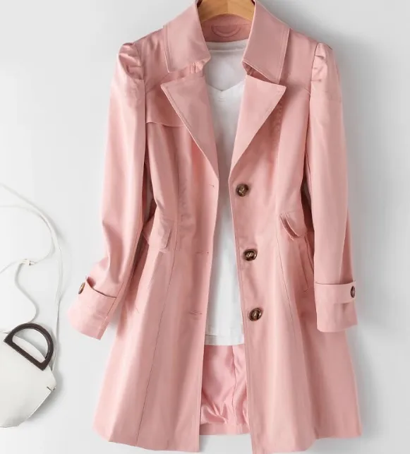 Trench coat women's new spring and autumn coat Korean style slim long Pink - Shop at LoveMi