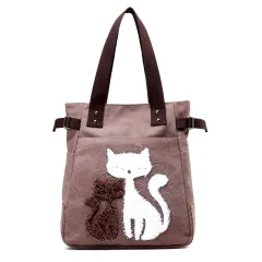 KVKY Women Canvas Bag Handbag Famous Brand Shoulder Bags Femal Canvas Bags with Cute Plush Cat Appliques Beach Bag Sac A Main - Pink - View 1