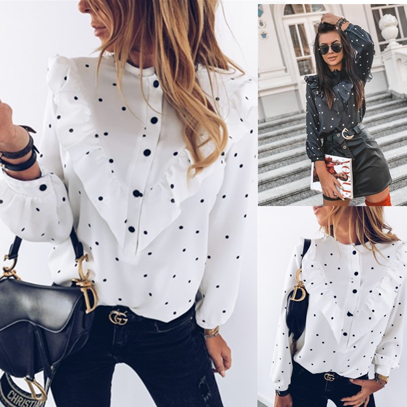 Ruffled Long Sleeve Polka Dot Shirt