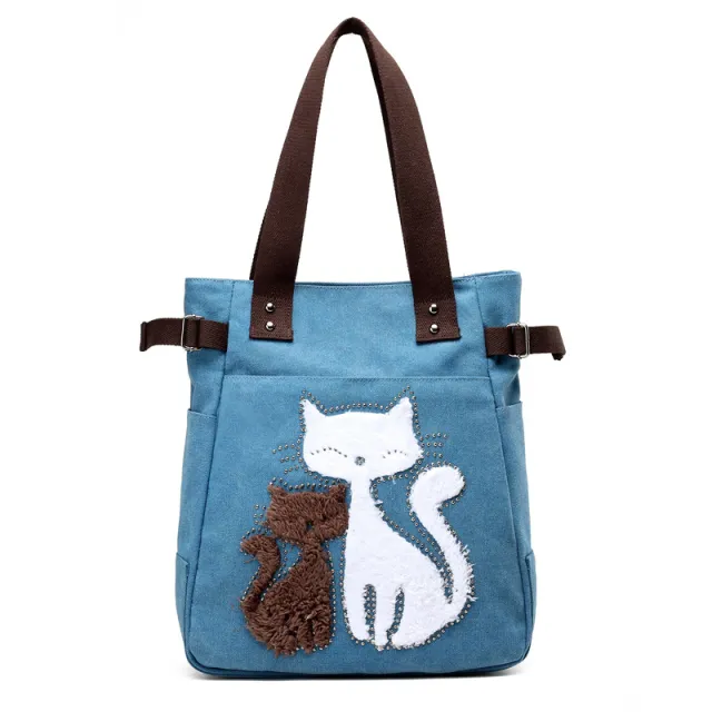 KVKY Women Canvas Bag Handbag Famous Brand Shoulder Bags Femal Canvas Bags with Cute Plush Cat Appliques Beach Bag Sac A Main Blue - Shop at LoveMi