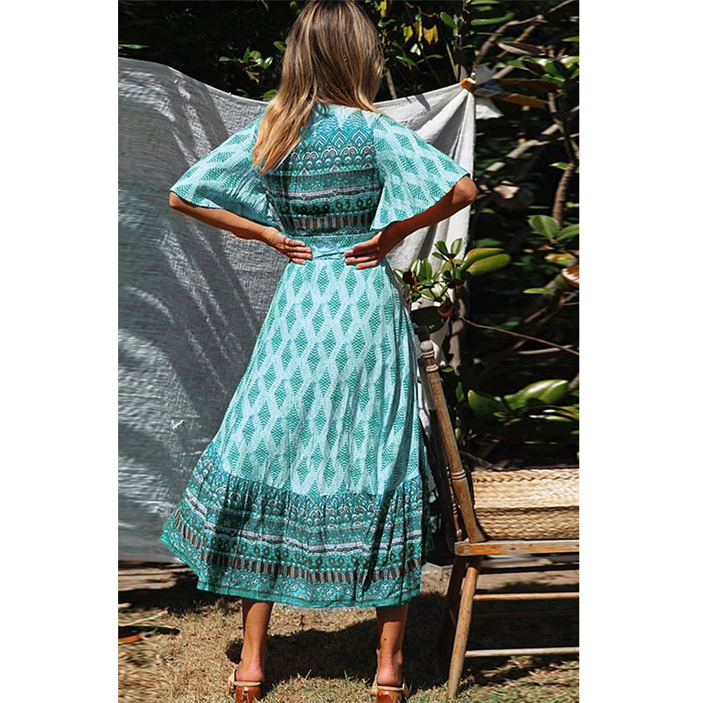 Bohemian vintage printed V-neck dress