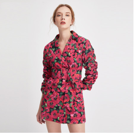Belted pleated decorative print coat dress