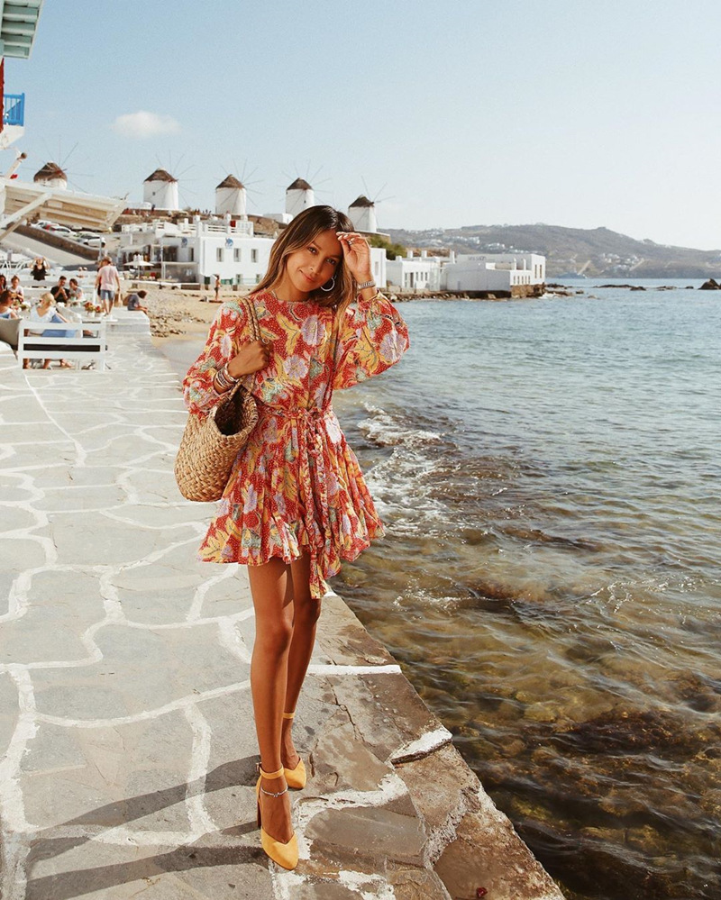 Printed Long Sleeve Belted Dress