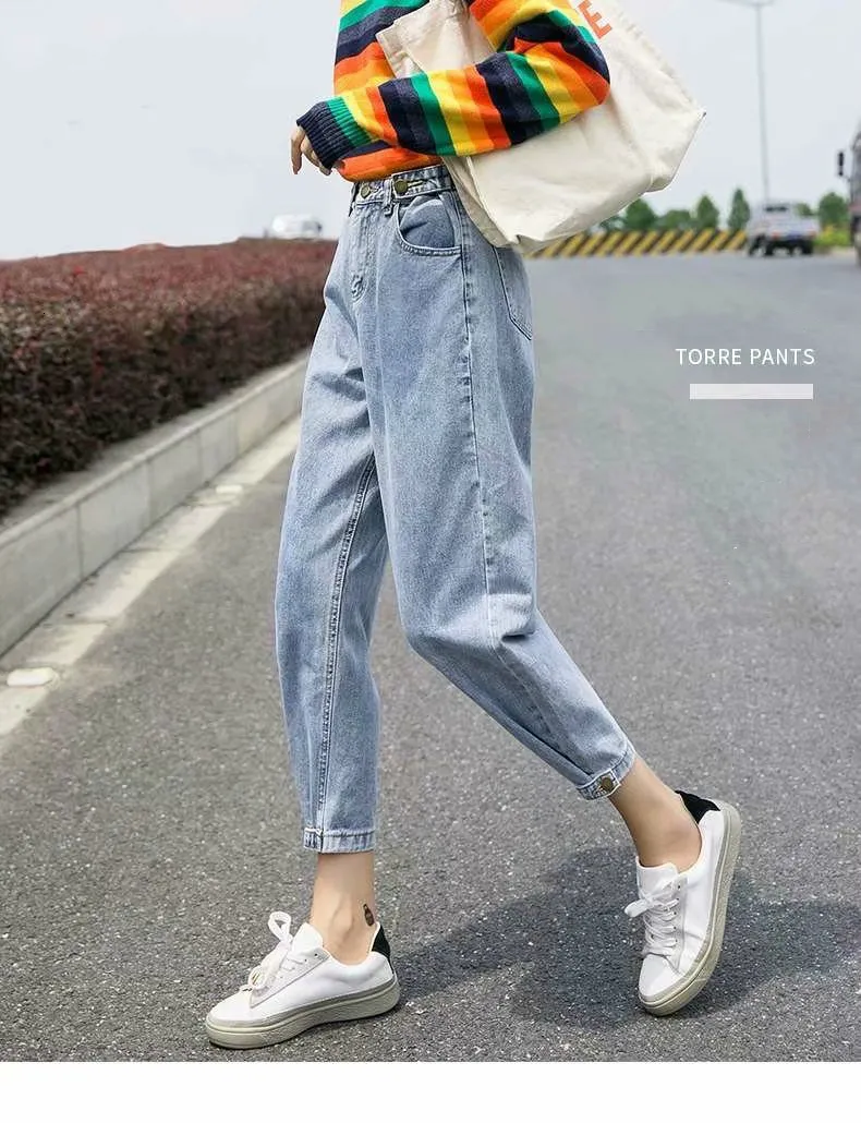 Women's loose Korean jeans with high waist - Light Blue