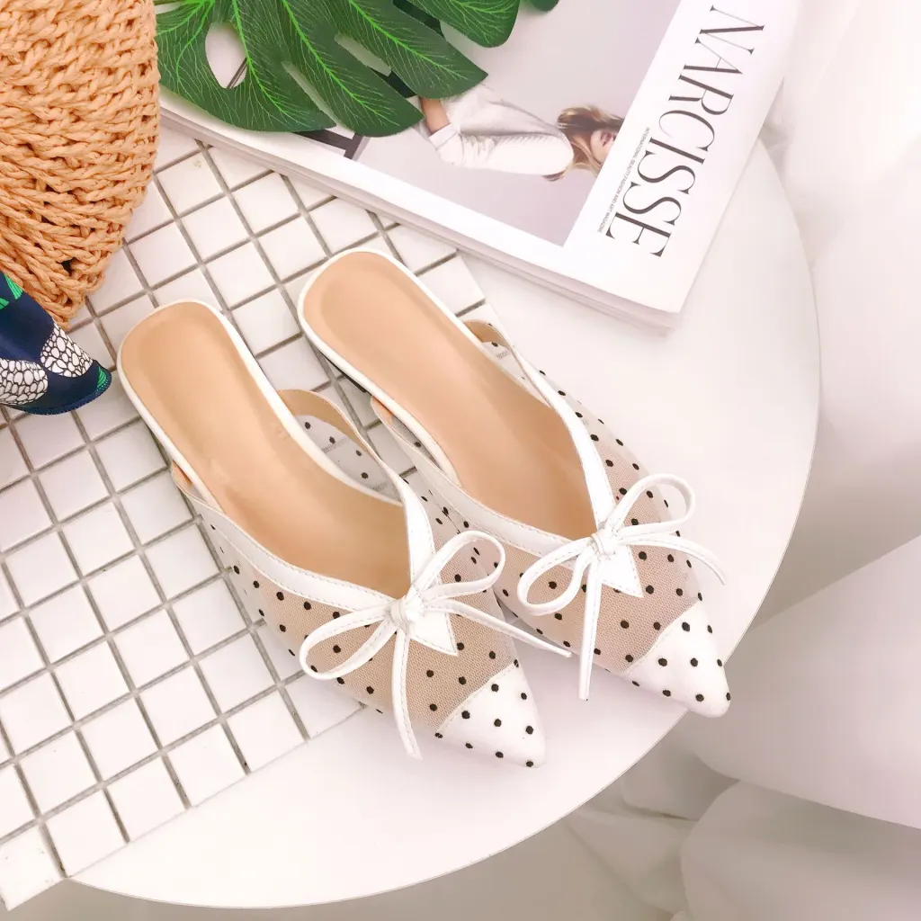 new lace screen gauze point pointed flat sandals women's shoes - White